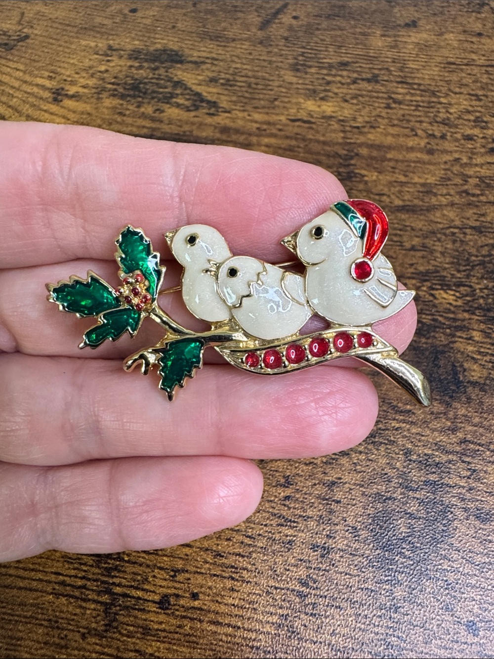 Vintage Cream and Green Chick Brooch with Red Accents - Vintage